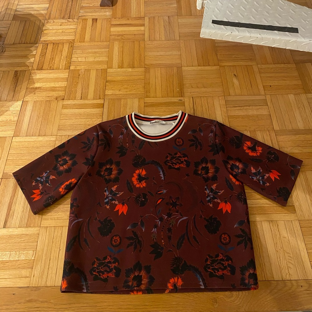 Sandro Floral Patterned Top with Striped Collar